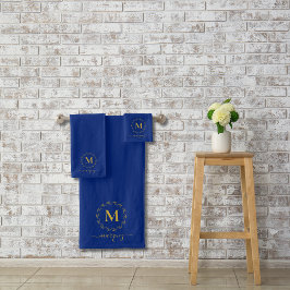 ブルーエレガント王室の金ゴールドリースモノグラム バスタオルセット