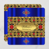ブルーエレガント王室の金ゴールドレッドジェムズバースデーパーティー 招待状 (正面/裏面)