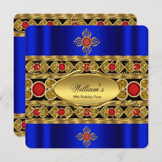 ブルーエレガント王室の金ゴールドレッドジェムズバースデーパーティー 招待状 (正面/裏面)