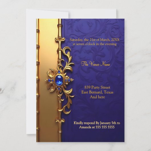 ブルーエレガント王室の金ゴールド華美誕生会 招待状 (裏面)
