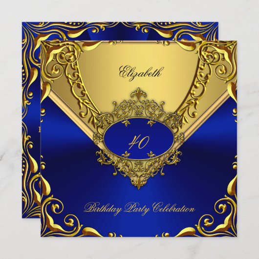 ブルーエレガント王室の金ゴールド誕生会 招待状 (正面/裏面)