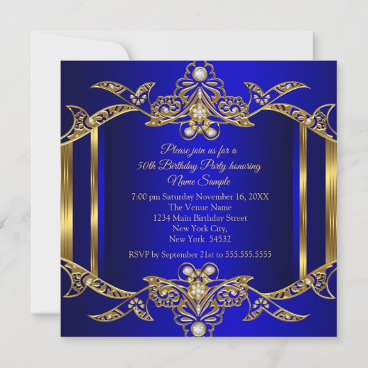 ブルーエレガント王室の金ゴールド誕生会 招待状 (裏面)