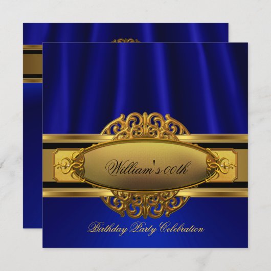 ブルーエレガント王室の金ゴールド誕生会 招待状 (正面/裏面)