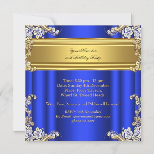 ブルーエレガント王室の金ゴールド誕生日パーティーフローラ4 招待状 (裏面)