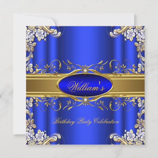 ブルーエレガント王室の金ゴールド誕生日パーティーフローラ4 招待状 (正面)