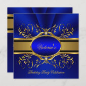 ブルーエレガント王室の金ゴールド誕生日パーティー2 招待状 (正面/裏面)