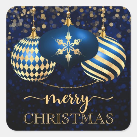 ブルーエレガント王室の&金ゴールドバウブルメリークリスマス スクエアシール (正面)