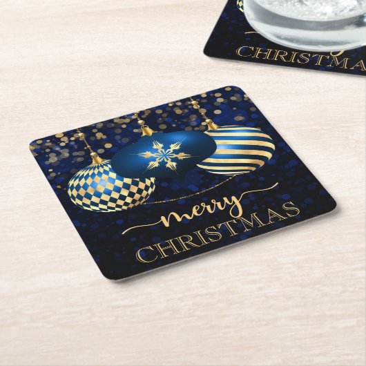 ブルーエレガント王室の&金ゴールドバウブルメリークリスマス スクエアペーパーコースター (アングル)