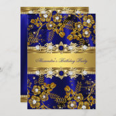 ブルーエレガント王室の&金ゴールドフローラ誕生日パーティー 招待状 (正面/裏面)