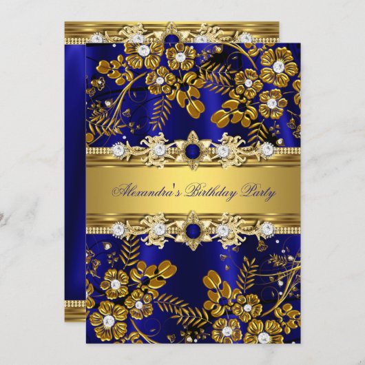 ブルーエレガント王室の&金ゴールドフローラ誕生日パーティー 招待状 (正面/裏面)