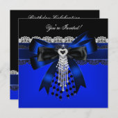 ブルーエレガント白黒ダイヤモンドパールレースパーティー 招待状 (正面/裏面)