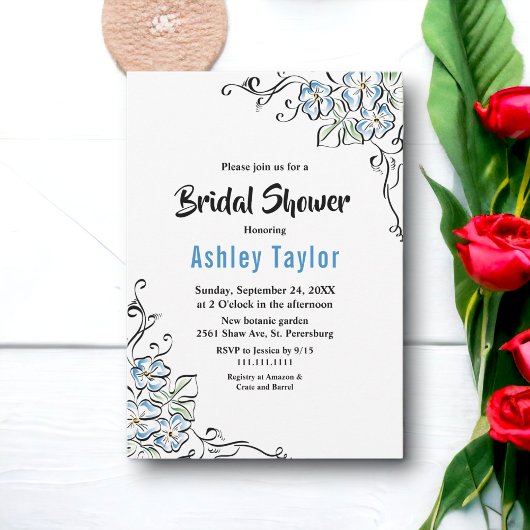 ブルーエレガント素朴バラフローラブライダルシャワー 招待状