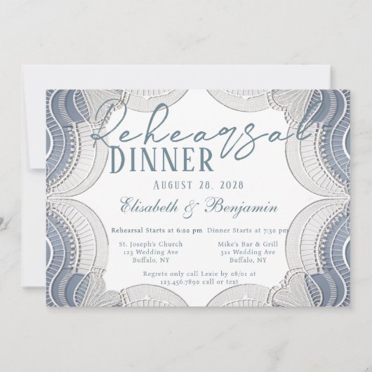 ブルーエレガント縁どリハーサルディナーにレース 招待状 (正面)