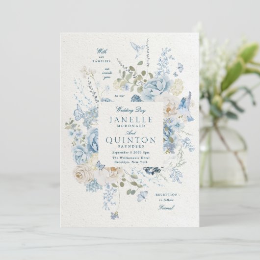 ブルーエレガント花模様フェイク手作り紙結婚ズ 招待状 (スタンド正面)