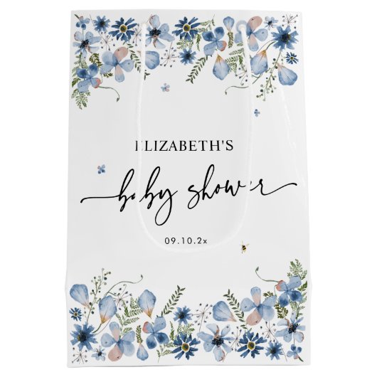 ブルーエレガント花模様ベビーシャワー中抱き枕 ミディアムペーパーバッグ (裏面)