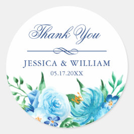 ブルーエレガント花模様結婚ズ・サンキュー ラウンドシール