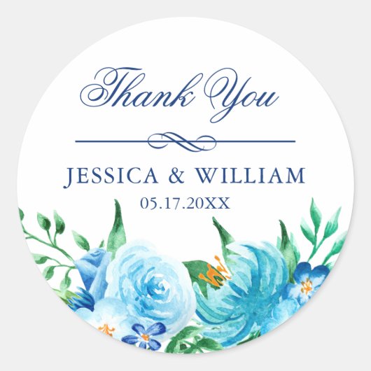 ブルーエレガント花模様結婚ズ・サンキュー ラウンドシール (正面)