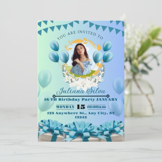 ブルーエレガント誕生日招待状 – カスタマイズおよび 招待状 (スタンド正面)