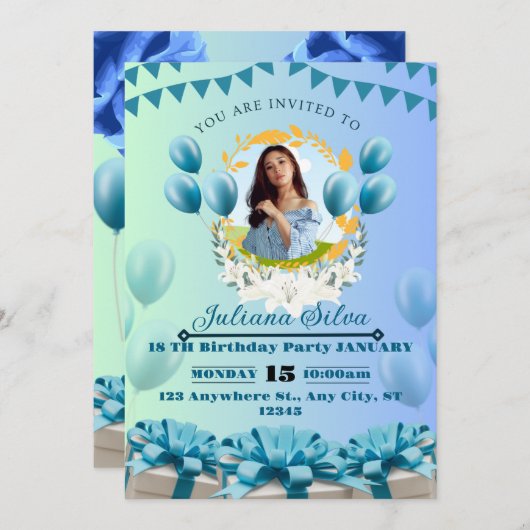 ブルーエレガント誕生日招待状 – カスタマイズおよび 招待状 (正面/裏面)