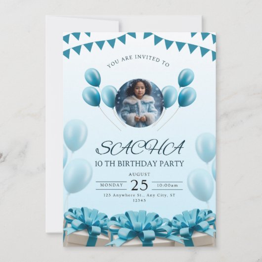 ブルーエレガント誕生日招待状 | モダンデザイン 招待状 (正面)