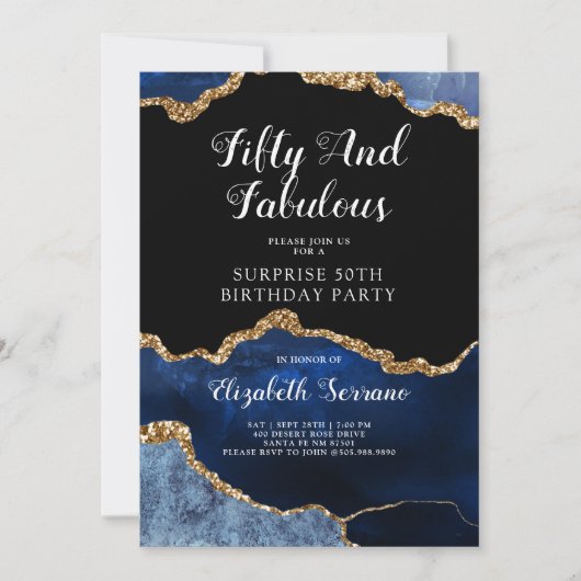 ブルーエレガント金ゴールドアガテサプライズ50誕生日 招待状 (正面)