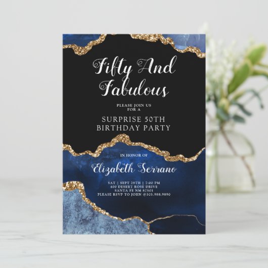ブルーエレガント金ゴールドアガテサプライズ50誕生日 招待状 (スタンド正面)