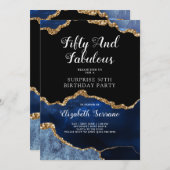 ブルーエレガント金ゴールドアガテサプライズ50誕生日 招待状 (正面/裏面)