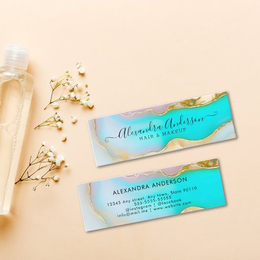 ブルーエレガント金ゴールドアクセントAGATEマーブルオパール スキニー名刺