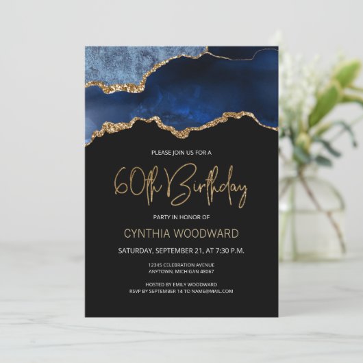 ブルーエレガント金ゴールドアゲート60th誕生日パーティー 招待状 (スタンド正面)