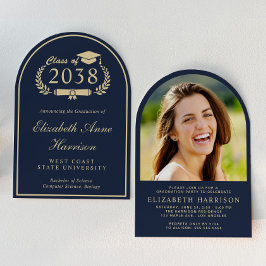 ブルーエレガント金ゴールドアーチフォト卒業パーティー 招待状