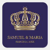ブルーエレガント金ゴールドクラウン結婚式の引き出物 スクエアシール (正面)