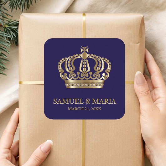 ブルーエレガント金ゴールドクラウン結婚式の引き出物 スクエアシール