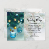ブルーエレガント金ゴールドクリスマスバウブルズホリデーパーティー インビテーションポストカード (正面/裏面)