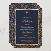 ブルーエレガント金ゴールドクロスグリーンリーボーイバプテスマ 招待状 (正面/裏面)