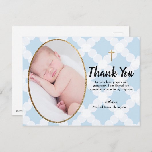 ブルーエレガント金ゴールドクロスバプテスマ写真ありがとう ポストカード (正面/裏面)