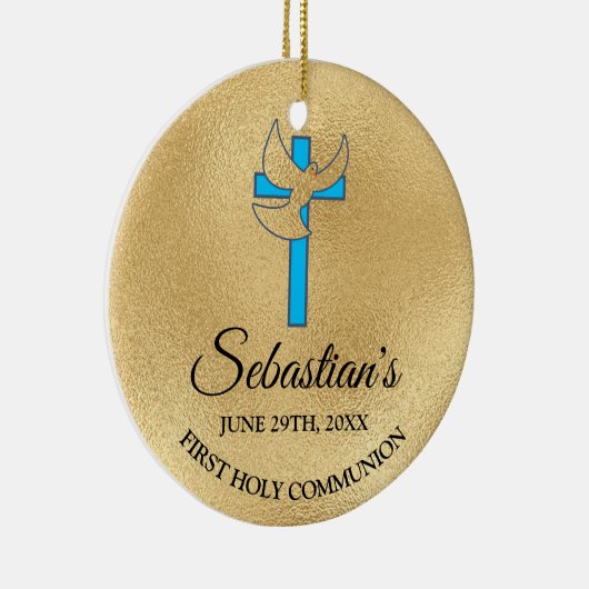 ブルーエレガント金ゴールドクロスファースト聖餐式 セラミックオーナメント (右)