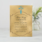 ブルーエレガント金ゴールドクロスファースト聖餐式 招待状 (スタンド正面)