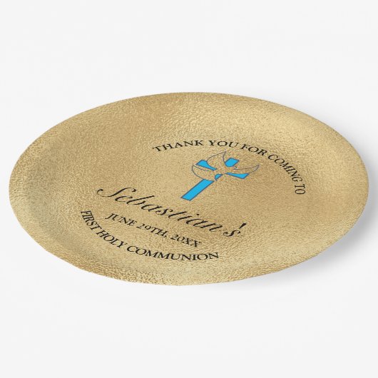 ブルーエレガント金ゴールドクロスファースト通信パーティー ペーパープレート (アングル)