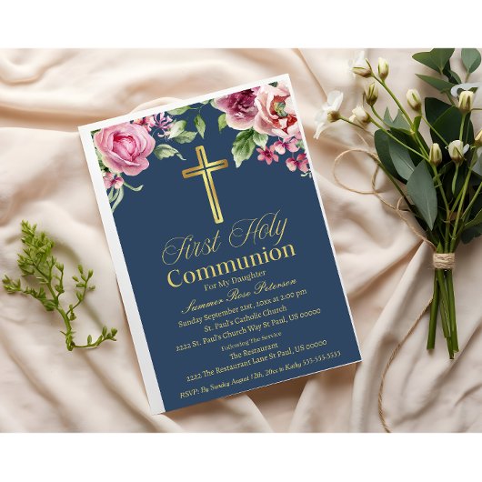 ブルーエレガント金ゴールドクロスファースト・コミュニオンガール/ボーイ 招待状