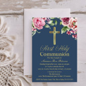 ブルーエレガント金ゴールドクロスファースト・コミュニオンガール/ボーイ 招待状