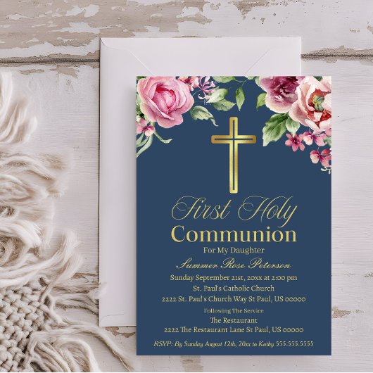ブルーエレガント金ゴールドクロスファースト・コミュニオンガール/ボーイ 招待状