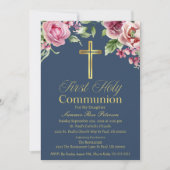 ブルーエレガント金ゴールドクロスファースト・コミュニオンガール/ボーイ 招待状 (正面)