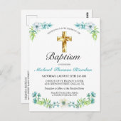 ブルーエレガント金ゴールドクロスボーイバプテスマ招待状 ポストカード (正面/裏面)