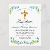 ブルーエレガント金ゴールドクロスボーイバプテスマ招待状 ポストカード (正面)