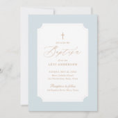 ブルーエレガント金ゴールドクロスボーイバプテスマ 招待状 (正面)