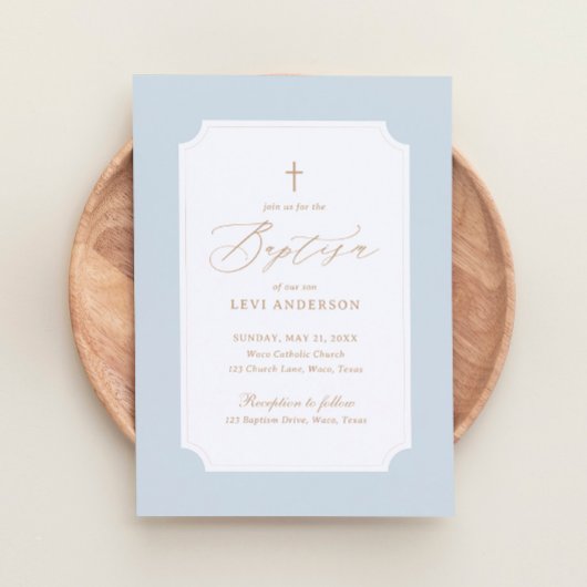 ブルーエレガント金ゴールドクロスボーイバプテスマ 招待状