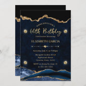 ブルーエレガント金ゴールドグリッターアゲート60誕生日 招待状 (正面/裏面)