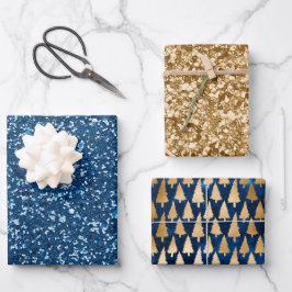 ブルーエレガント金ゴールドグリッタークリスマスツリー ラッピングペーパーシート