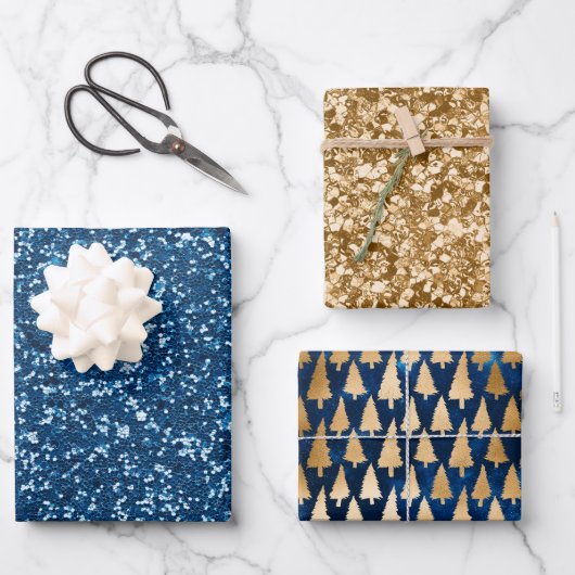ブルーエレガント金ゴールドグリッタークリスマスツリー ラッピングペーパーシート (正面)