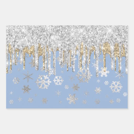 ブルーエレガント金ゴールドシルバークリスマススノーフレーク ラッピングペーパーシート (正面2)